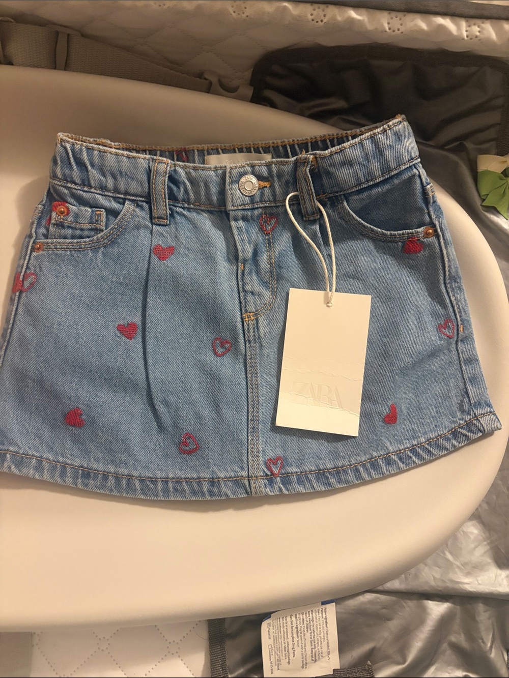Zara Girls Light Blue Denim Skirt with Red Heart Embroidery